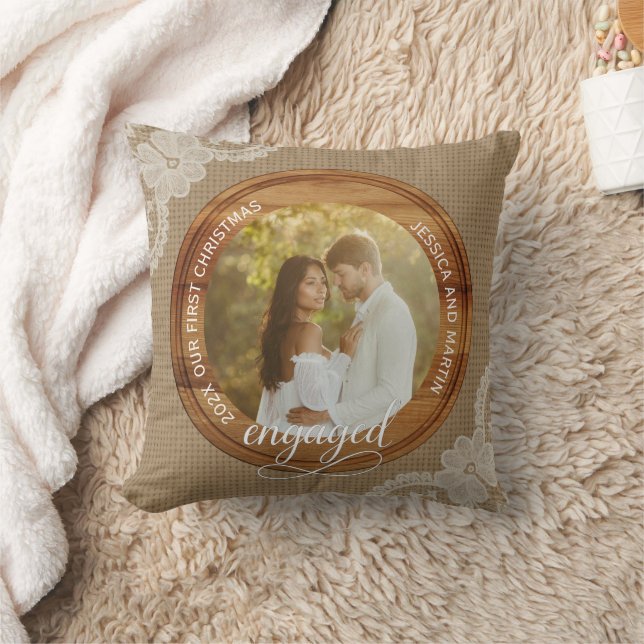 Rustic Jute en Kant Eerste Kerst verloofd Kussen (Deken)