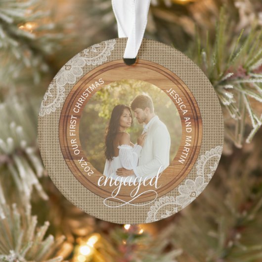 Rustic Jute en Kant Eerste Kerst verloofd Ornament (Boom)