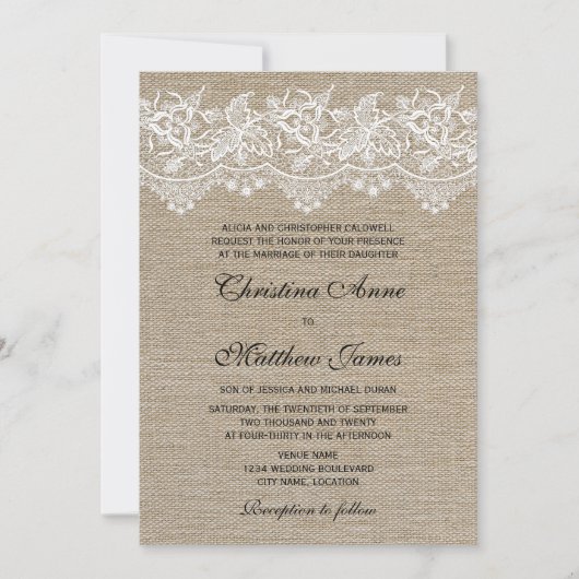 Rustic Jute en Lace Wedding Kaart (Voorkant)