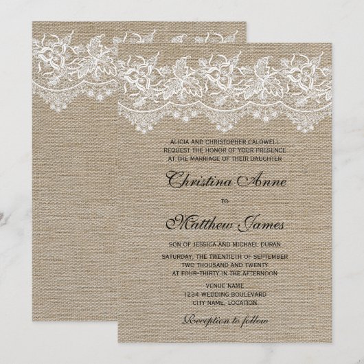 Rustic Jute en Lace Wedding Kaart (Voorkant / Achterkant)