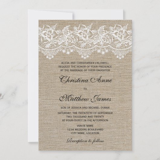 Rustic Jute en Lace Wedding Kaart (Voorkant)