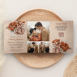 Rustic Jute Gebrande Oranje Roos QR Code Trouwen Drieluik Uitnodiging