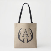 Rustic Jute Herten Gewei Monogram Schoudertas Tote Bag (Voorkant)