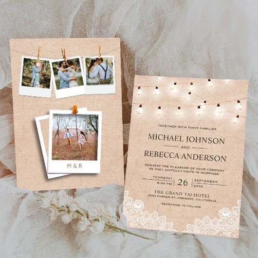 Rustic Jute Kant Kabel Licht Foto Bruiloft Kaart