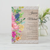 Rustic Jute Kant Roze Blauwe Bloem Bruiloft Kaart (Staand voorkant)