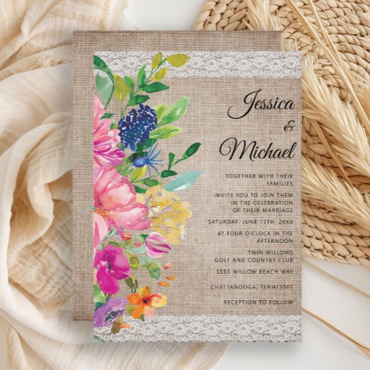 Rustic Jute Kant Roze Blauwe Bloem Bruiloft Kaart