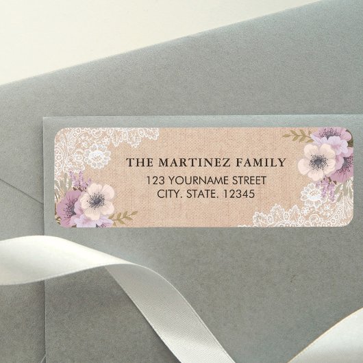 Rustic jute kant roze bloemen etiket