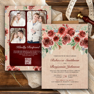 Rustic Jute Marsala Bloem Foto QR Code Trouwfeest Kaart