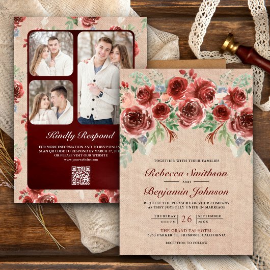 Rustic Jute Marsala Bloem Foto QR Code Trouwfeest Kaart
