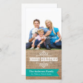 Rustic jute met turquoise spandoek foto Kerstmis Feestdagenkaart (Voorkant / Achterkant)