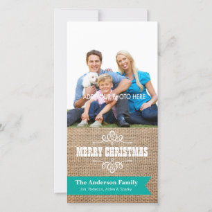 Rustic jute met turquoise spandoek foto Kerstmis Feestdagenkaart