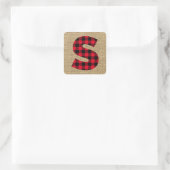 Rustic Jute Rode en Zwarte Buffalo Plaid Monogram Vierkante Sticker (Tas)