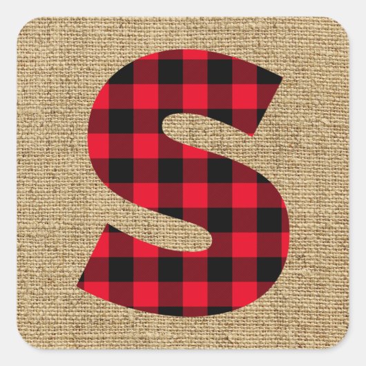 Rustic Jute Rode en Zwarte Buffalo Plaid Monogram Vierkante Sticker (Voorkant)