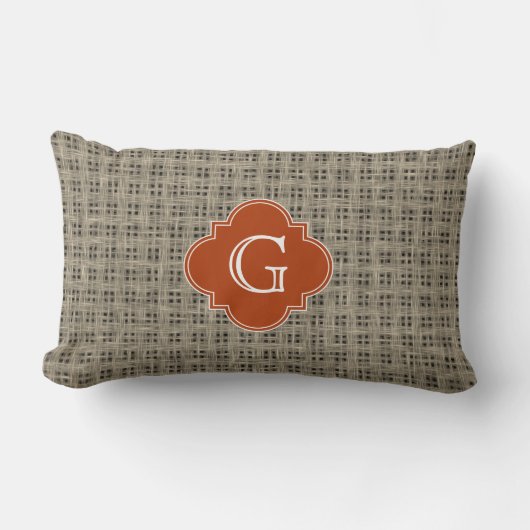 Rustic Jute Stof Oranje Quatrefoil Monogram Kussen (Voorkant)
