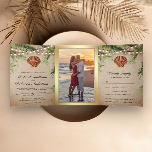 Rustic Jute Tropisch Palmblad Schelp Bruiloft Drieluik Uitnodiging