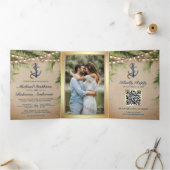 Rustic Jute Tropische Palmanker QR-code Trouwfeest Drieluik Uitnodiging (Binnen)
