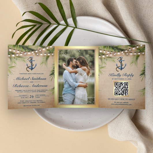 Rustic Jute Tropische Palmanker QR-code Trouwfeest Drieluik Uitnodiging