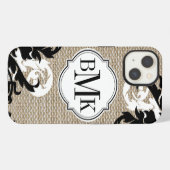 Rustic jute uitstraling en bloeiend monogram iPhone hoesje (Achterkant horizontaal)