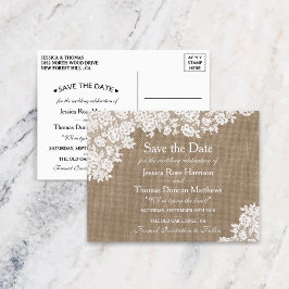 Rustic Jute & Vintage Kant Trouwdag Save The Date Aankondigingskaart
