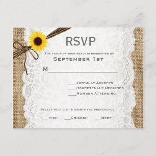 Rustic jute, zonnebloem, & kanten trouw-RSVP kaart