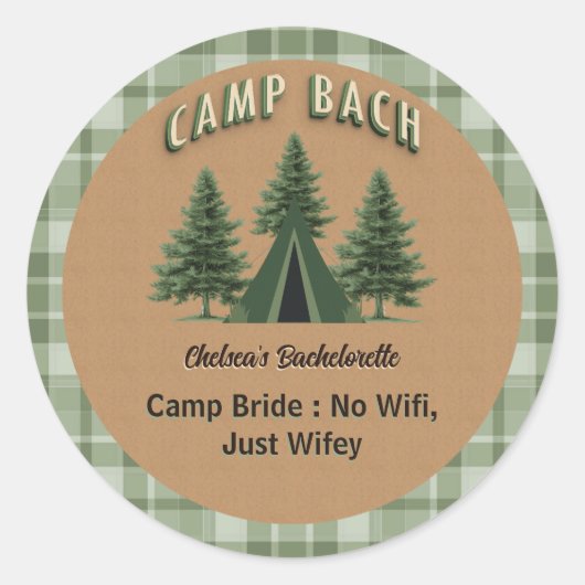 Rustic Kamp Bach Plaid, Evergreen Tent Aangepaste Ronde Sticker (Voorkant)