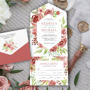 Rustic Kaneel Roos Stof Roze Bloemige Trouwdag All In One Uitnodiging