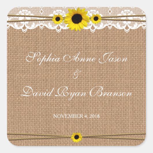Rustic Kant, Zonnebloemen, Jute Huwelijk Vierkante Sticker (Voorkant)