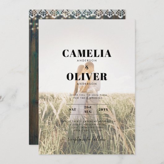 Rustic Kanten Gipsbloem Lichtjes in Hoge Pot Trouw Kaart (Voorkant / Achterkant)