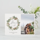 Rustic katoenen dennenappel foto kerstkrans  feestdagenkaart (Staand voorkant)