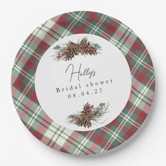 Rustic Kerst Bruidsfeestje – Denneappel & Pijnboom Papieren Bordje (Voorkant)