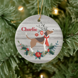 Rustic kerstbeagle Dog Antlers Greenery Keramisch Ornament