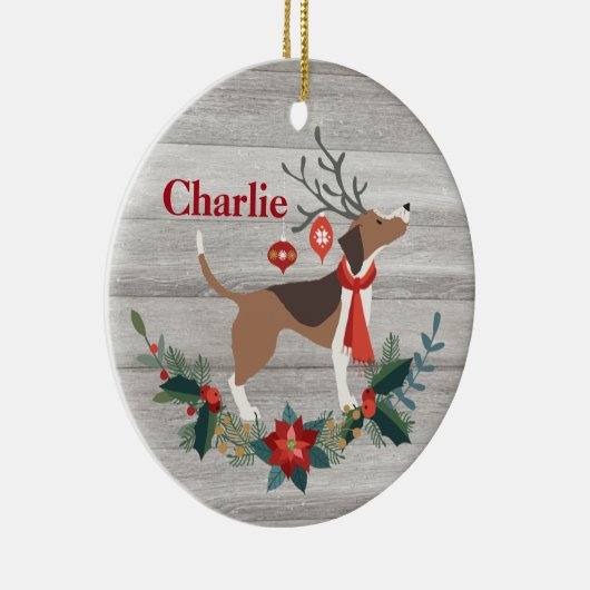 Rustic kerstbeagle Dog Antlers Greenery Keramisch Ornament (Rechts)