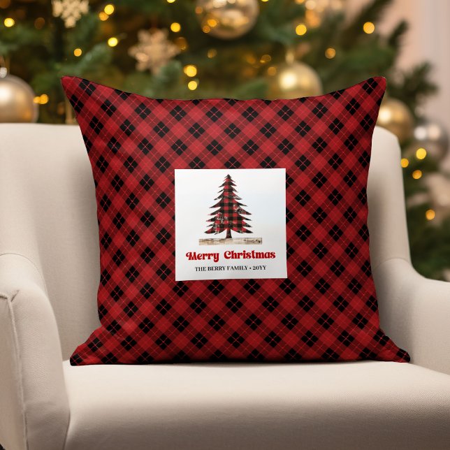 Rustic Kerstbomen Buffalo Plaid Naam Kussen (Rustic Christmas Trees Buffalo Plaid Name Pillow)