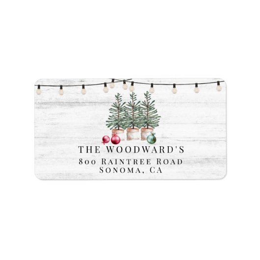 Rustic Kerstbomen Houten Slingerlichten Adres Etiket (Voorkant)