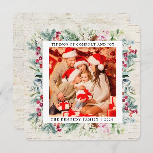 Rustic kerstfeestdag met Greenery Berries Feestdagenkaart (Voorkant / Achterkant)