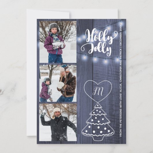 Rustic Kerstmis 3 foto's collage blauwe schuur hou Feestdagenkaart (Voorkant)