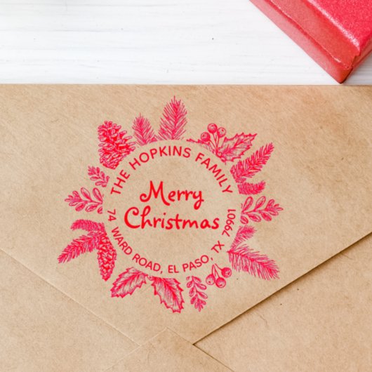 Rustic kerstmis met familienaam Return Address Rubberstempel