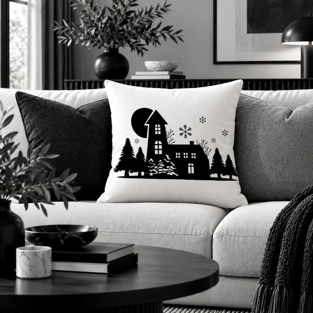 Rustic Kerstscène Zwart Wit Minimalistisch Kussen (Rustic Christmas Scene Black White Minimalist Throw Pillow)