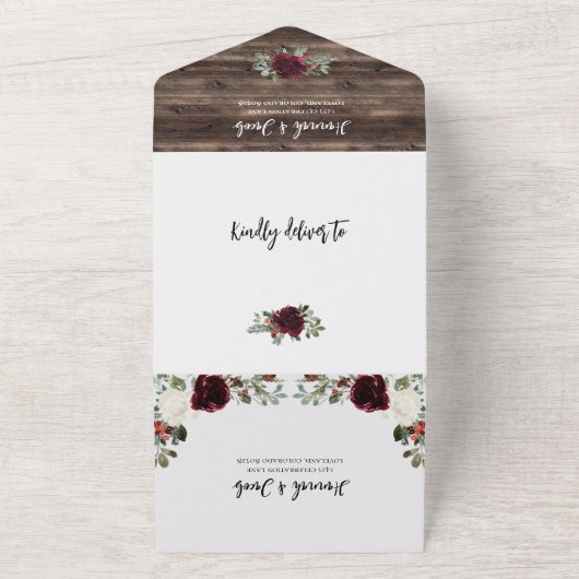 Rustic Kerstwinter Hout Foto bruiloft All In One Uitnodiging (Buitenkant)