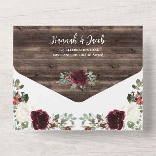 Rustic Kerstwinter Hout Foto bruiloft All In One Uitnodiging (Achterkant)