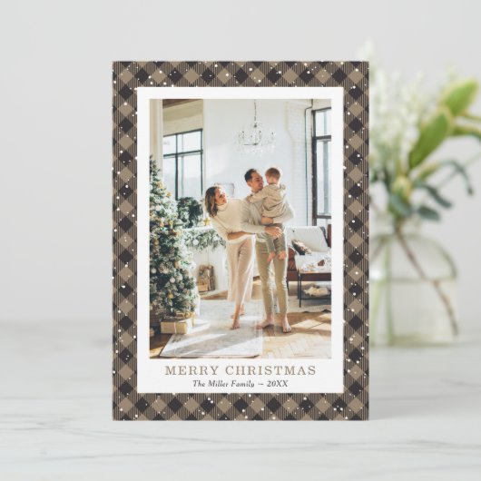Rustic Khaki Pset Snow Photo Merry Kerstry Feestdagenkaart (Staand voorkant)