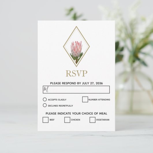 Rustic King Protea Wedding RSVP Kaarten (Staand voorkant)