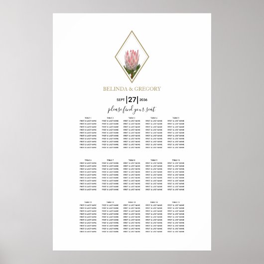 Rustic King Protea Wedding Seating Chart Poster (Voorkant)