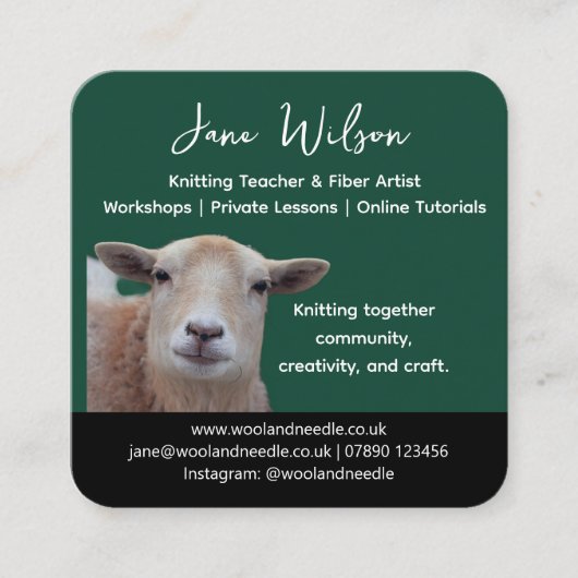 Rustic Knitting Teacher Business Card | Wool Yarn Vierkante Visitekaartje (Voorkant)