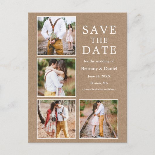 Rustic Kraft 4 Foto Verloving Save the Date Briefkaart (Voorkant)
