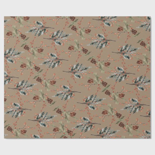 Rustic Kraft All Winter Spruce Cones Ilex Berries Cadeaupapier (Vlak)