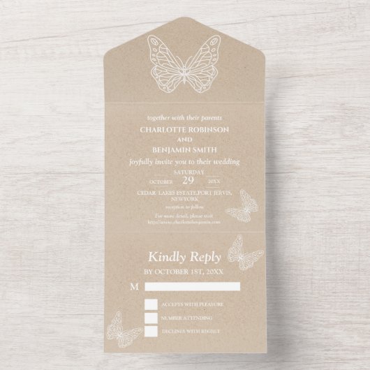 Rustic Kraft and Butterfly Wedding All In One Uitnodiging (Binnen)