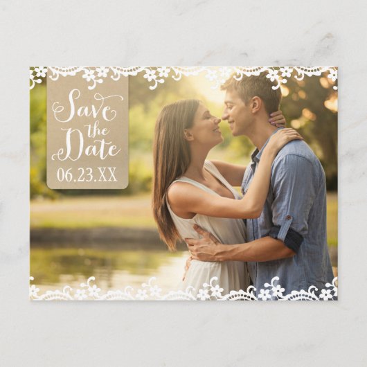 Rustic Kraft and Lace Wedding Photo Save the Date Aankondigingskaart (Voorkant)