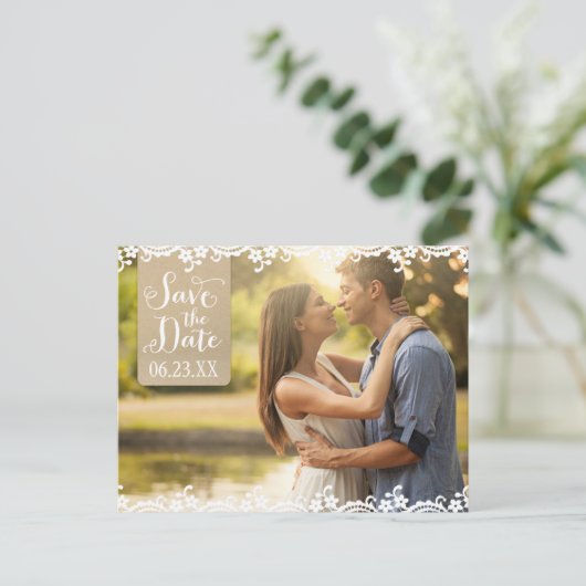 Rustic Kraft and Lace Wedding Photo Save the Date Aankondigingskaart (Staand voorkant)