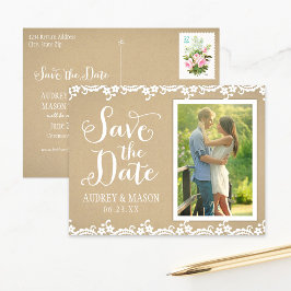 Rustic Kraft and Lace Wedding Photo Save the Date Aankondigingskaart